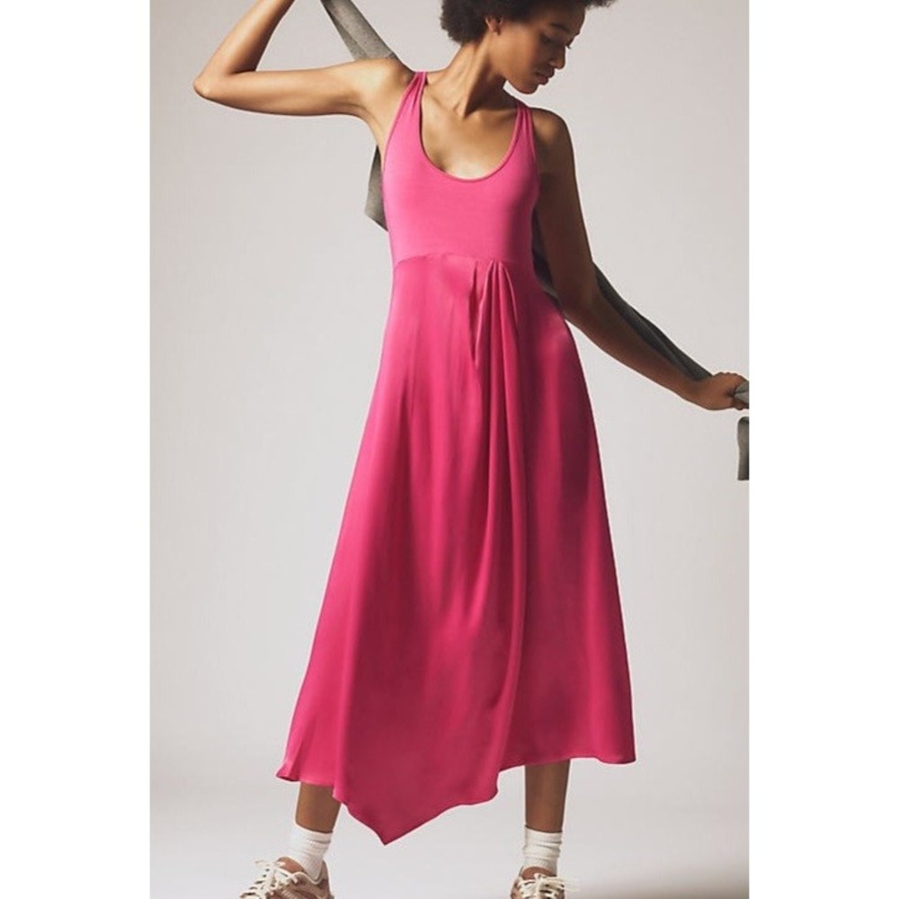Anthro Pink Mixed Media Stretch Knit Satin Midi Tank Dress Small Gemi Twofer